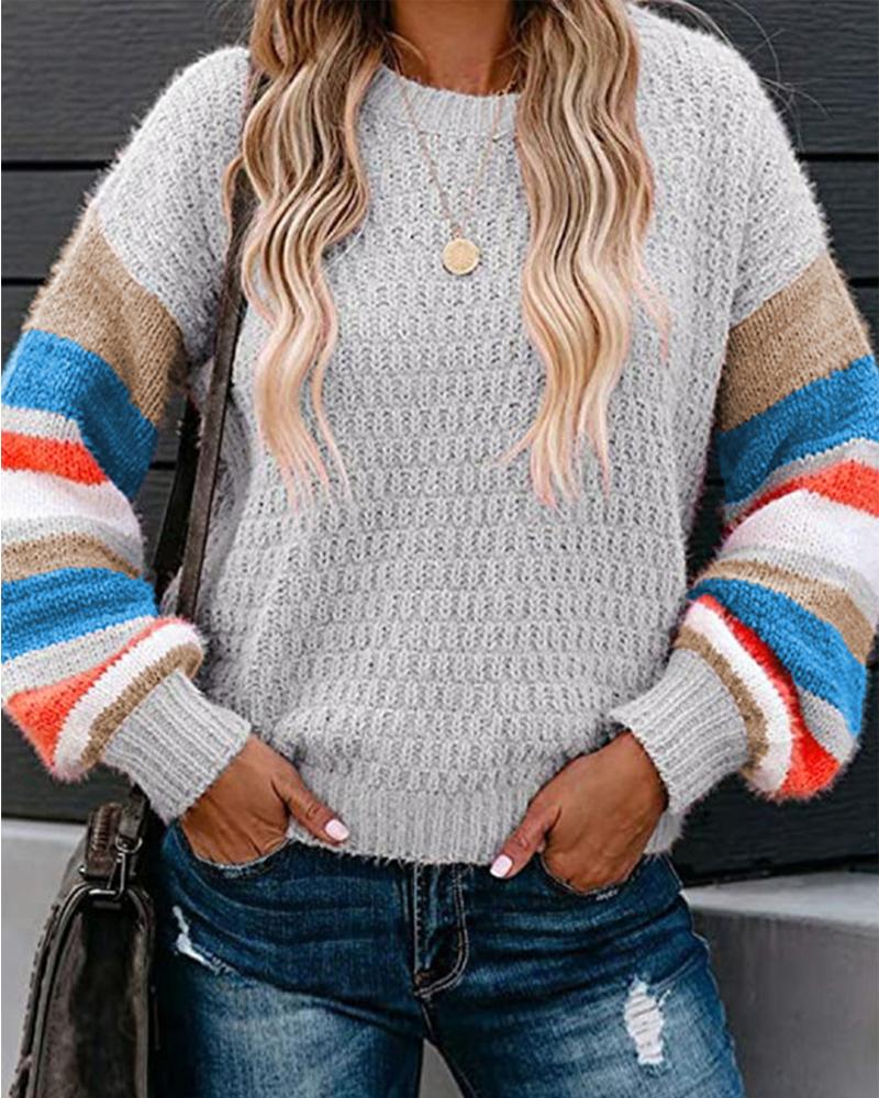 

Colorblock Striped Long Sleeve Sweater, Gray