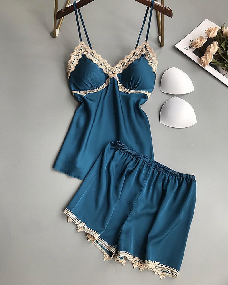 

Lace Trim Satin Padded Cami Set, Dark blue