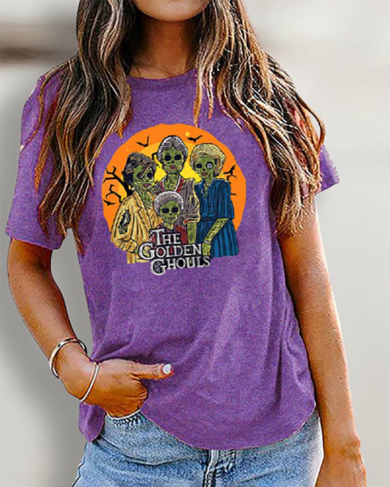 

Short Sleeve Halloween Letter Print Top, Purple