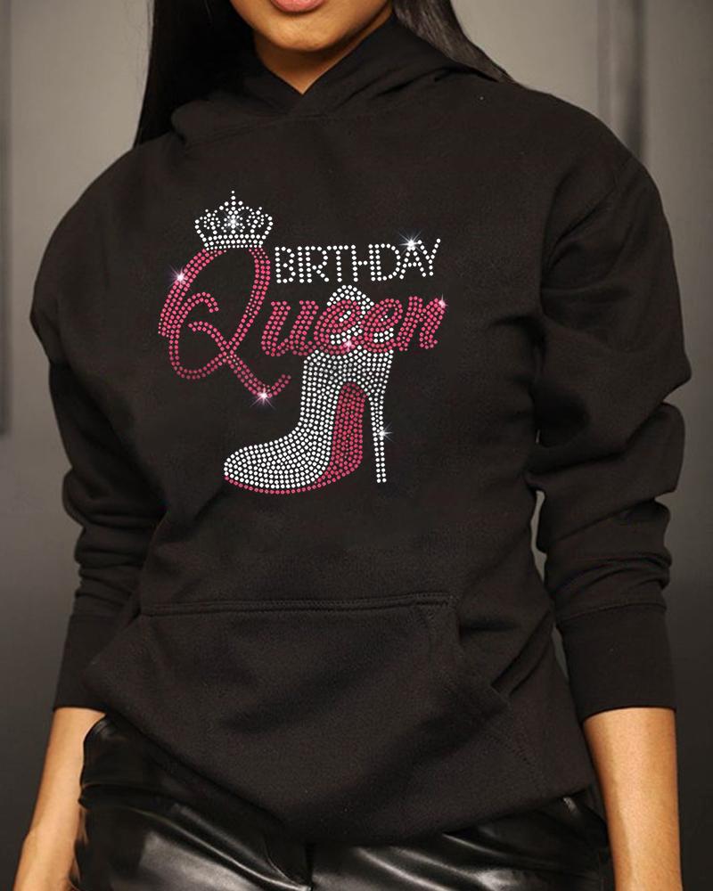 

Rhinestone Birthday Queen Pump Pattern Pocket Design Hoodie, Black