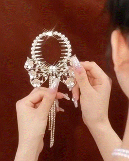 

1pc Floral Bowknot Design Pearls Tassel Beaded Hair Clip, White