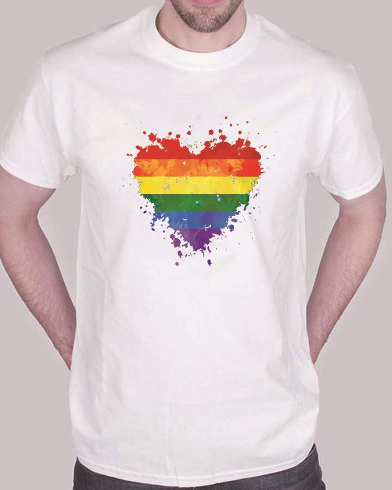 

Multicolor Heart Print Short Sleeve T-shirt, White