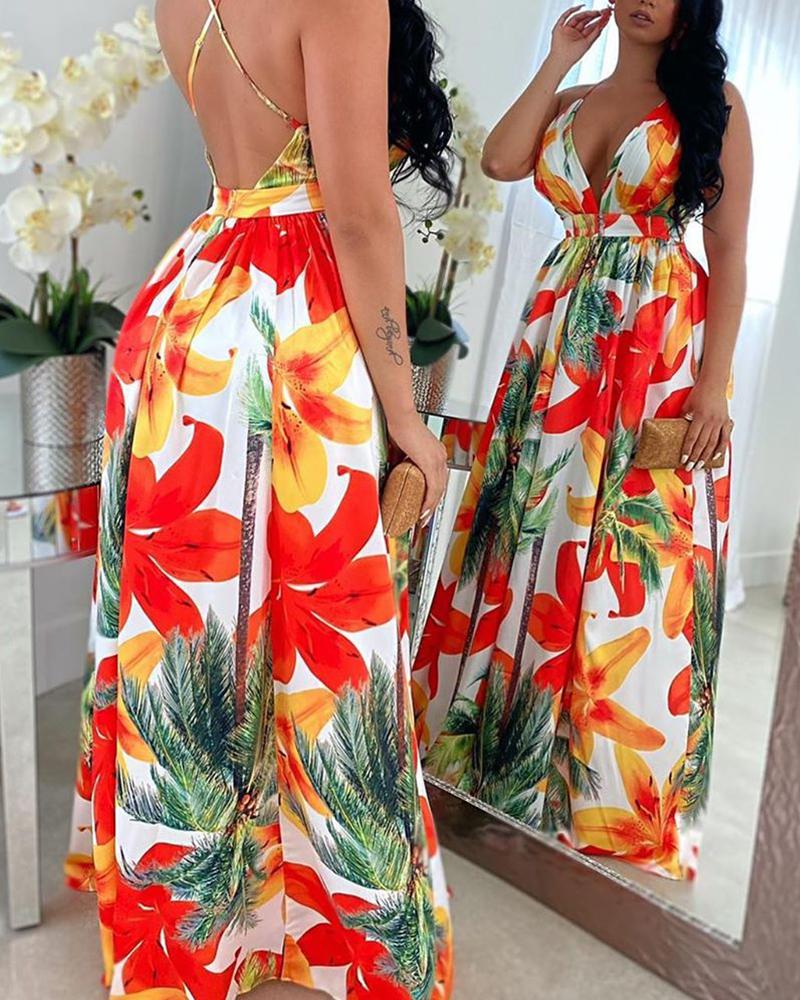 Floral Print Backless Maxi Dress