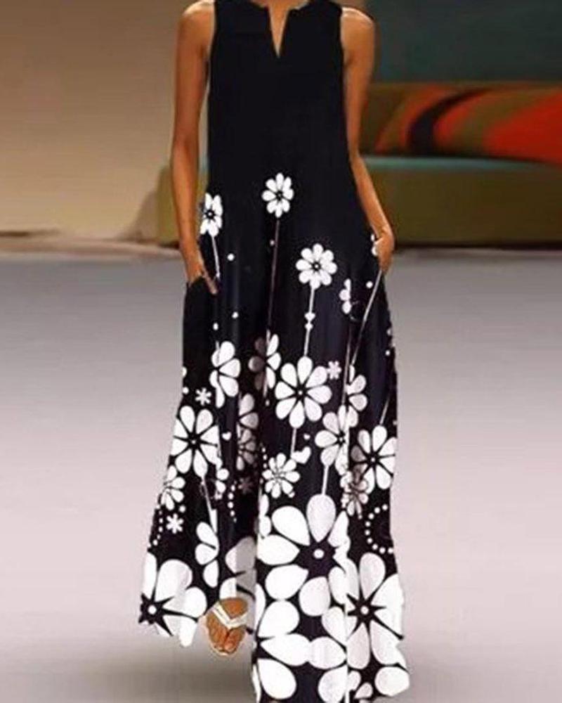 

Floral Print Sleeveless Maxi Dress, Black