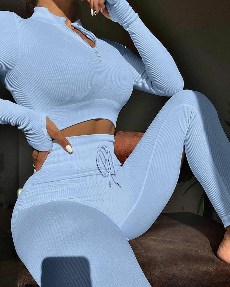 

Zipper Design Crop Top & Drawstring Pants Set, Blue
