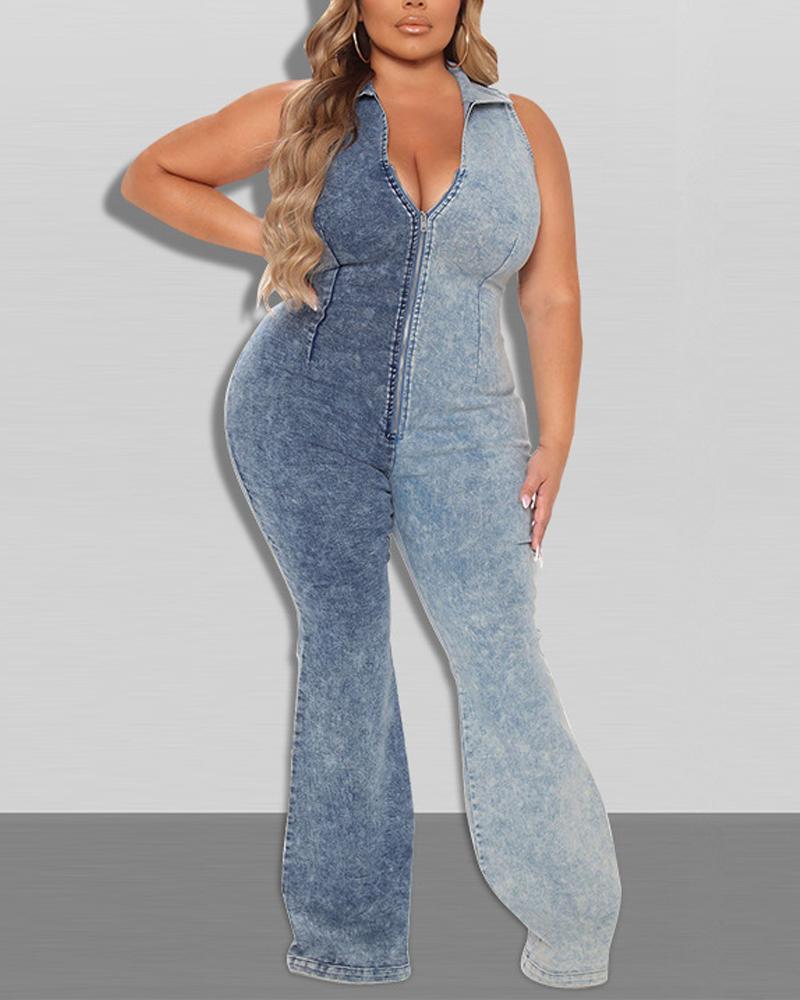 

Plus Size Colorblock Zip Front Sleeveless Denim Jumpsuit, Gray