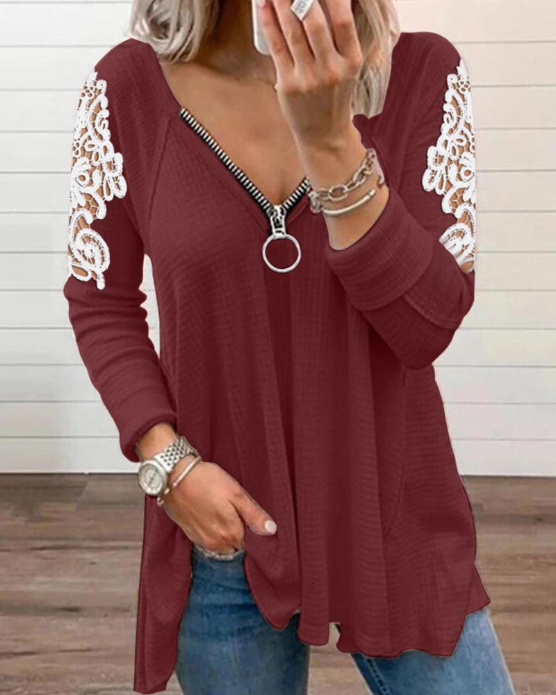 

Solid Contrast Lace Zipper Detail Casual Blouse Long Sleeve Casual Top, Wine red