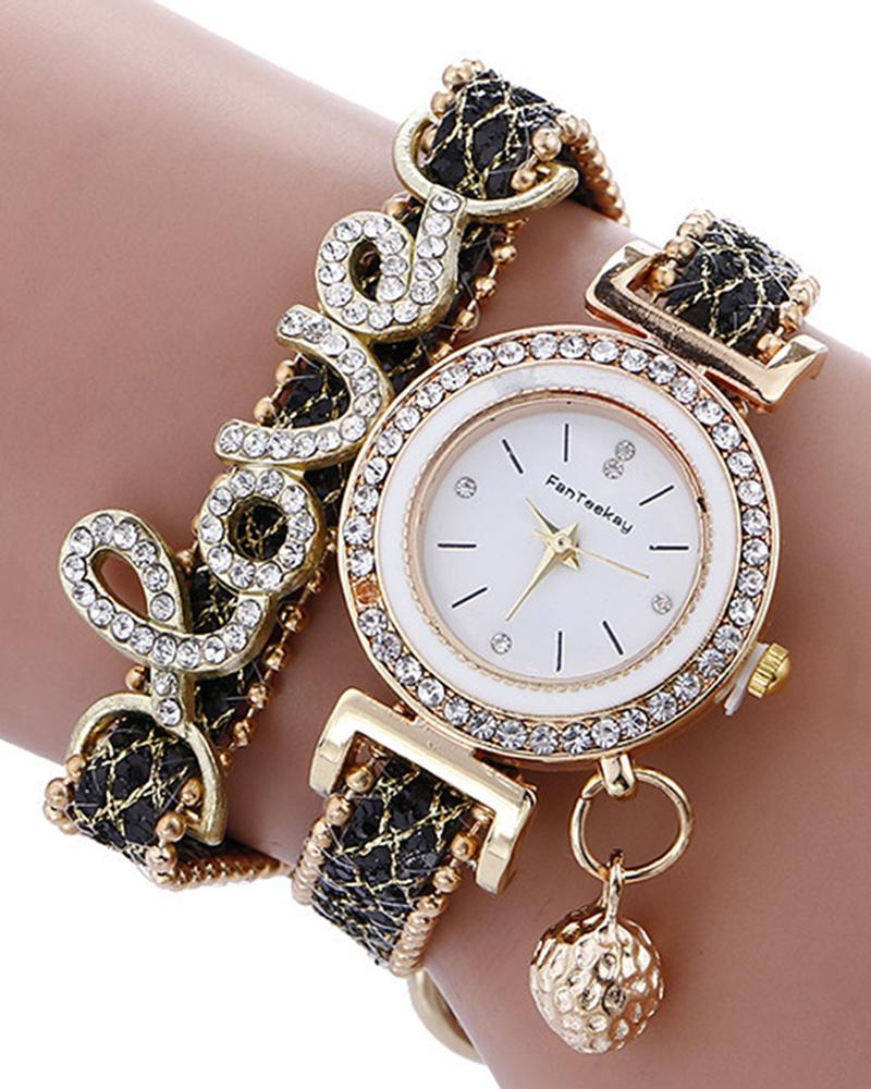

1pc Rhinestone Decor Lover Letter Pattern Bangle Quartz Watch, Black