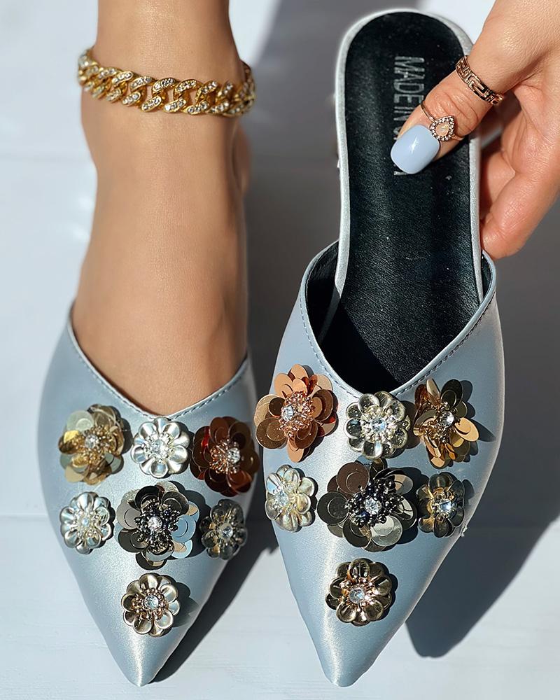 

Sequin Floral Pattern Point Toe Pumps, Gray