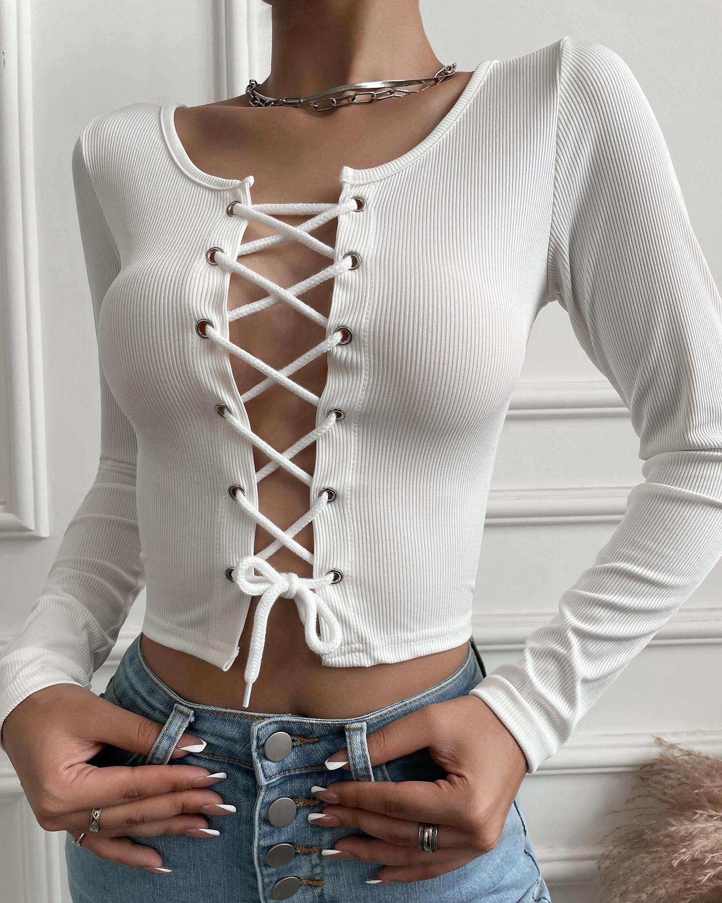 

Eyelet Lace-up Long Sleeve Ribbed Crop Top, White