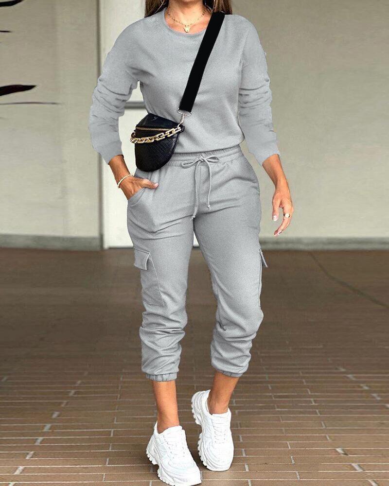 

Round Neck Top & Drawstring Cuffed Pants Set, Gray