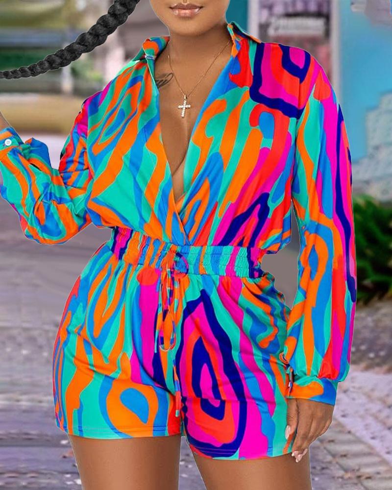 

Abstract Print Long Sleeve Romper, Pink