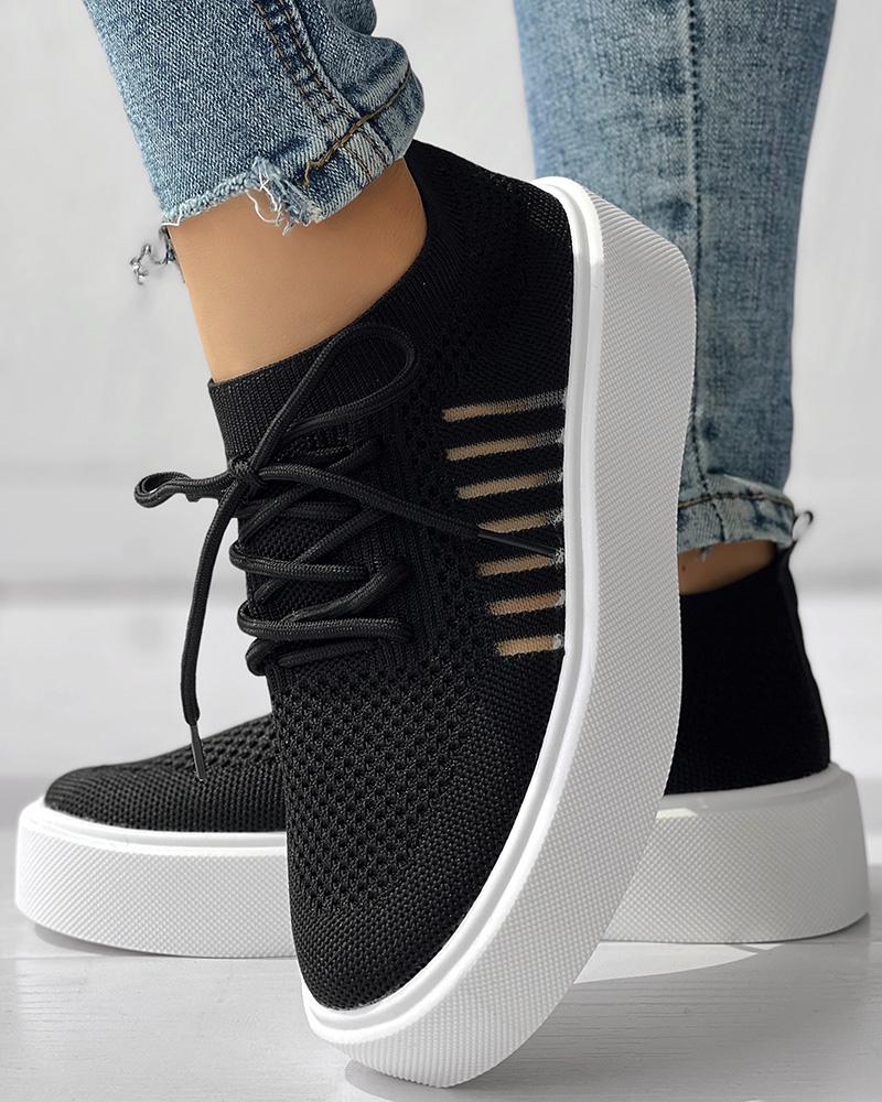 

Breathable Lace-up Platform Casual Sneakers, Black
