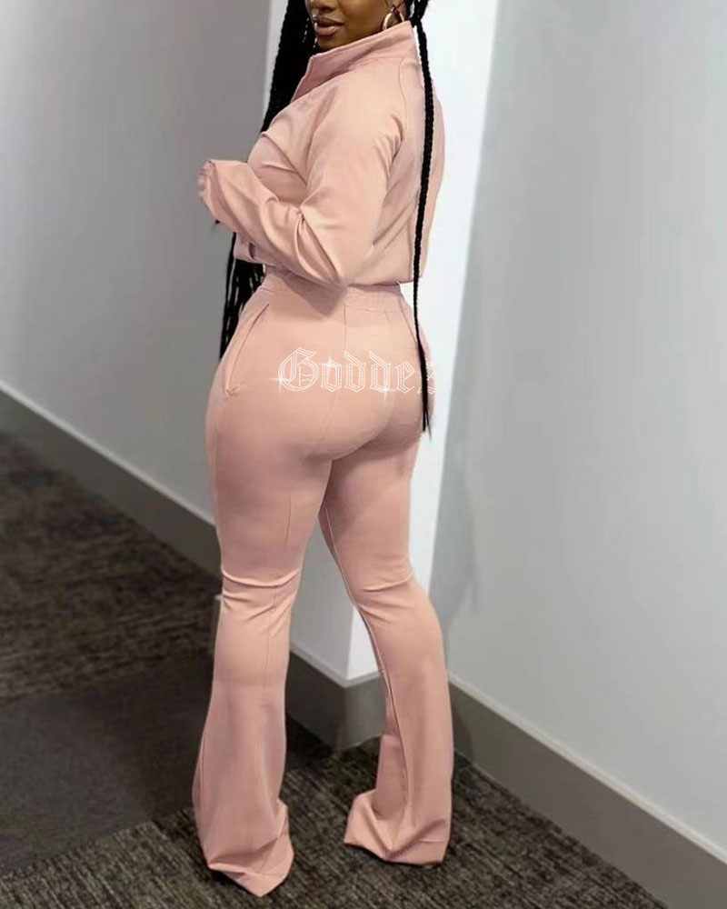 

Long Sleeve Zip Up Coat & Rhinestone Bootcut Pants Set, Apricot