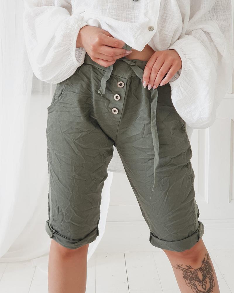 

Pocket Button Design Drawstring Shorts, Green