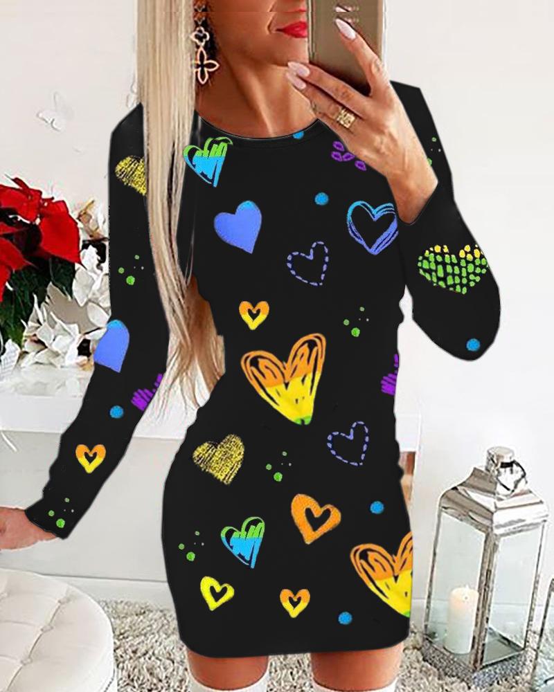 

Valentine' Day Colorful Heart Print Long Sleeve Dress, Black