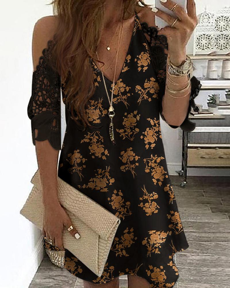 

Floral Print Cold Shoulder Crochet Lace Dress, Black