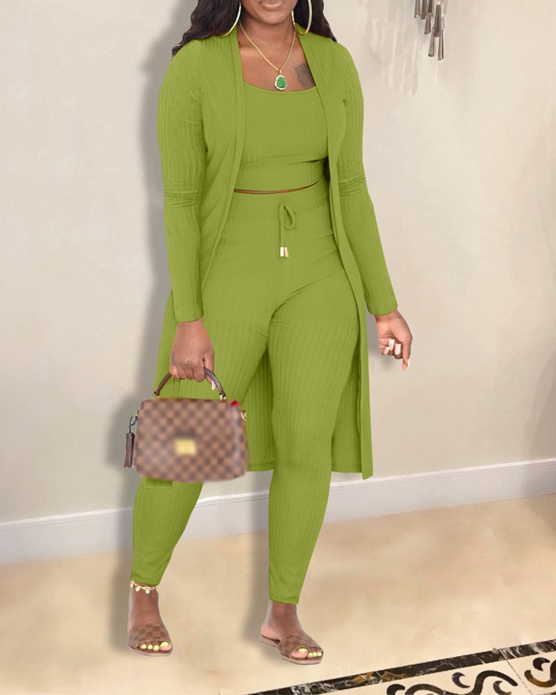 

3PCS Ribbed Cami Top & Pants Set With Longline Coat, Green