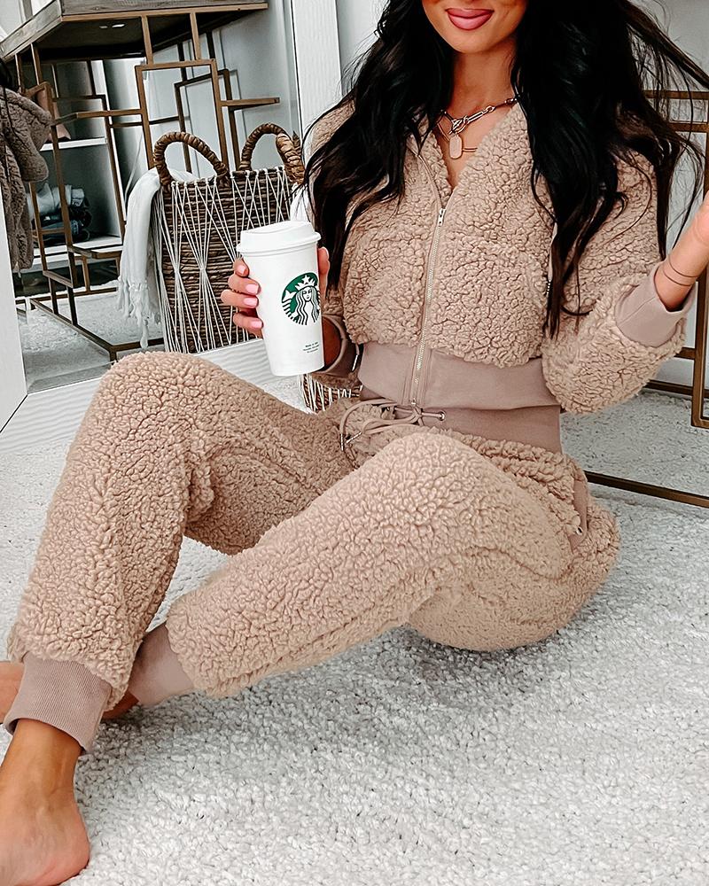 

Zipper Design Fleece Coat & High Waist Pants Set, Coffee