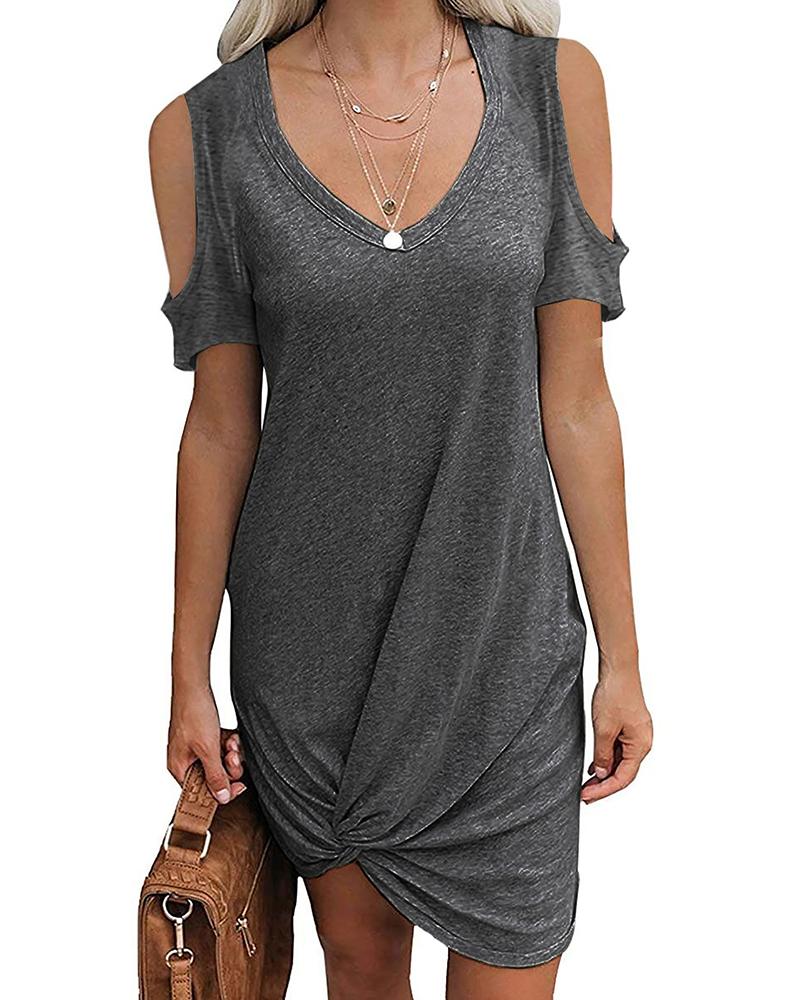 

Solid Color Cold Shoulder Twisted Knot Dress, Dark grey