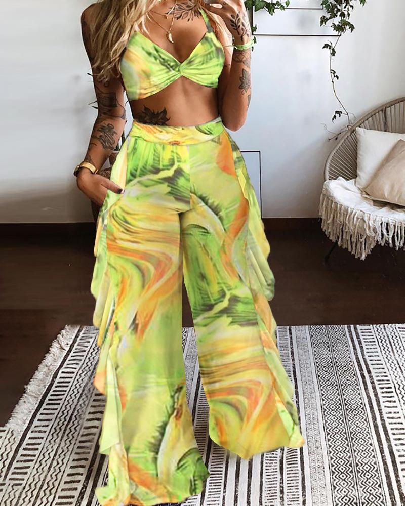 

Tie Dyed Knot Crop Top & Wide Leg Ruffle Hem Pants Set, Green