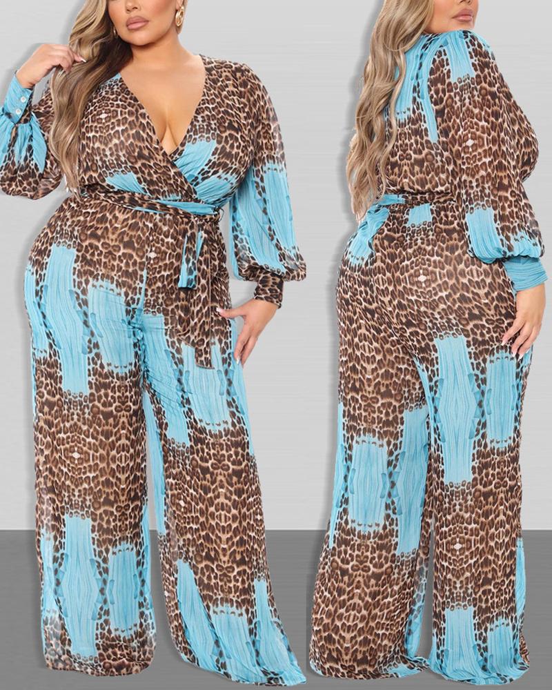 

Plus Size Leopard Print Long Sleeve Belted Jumpsuit, Blue