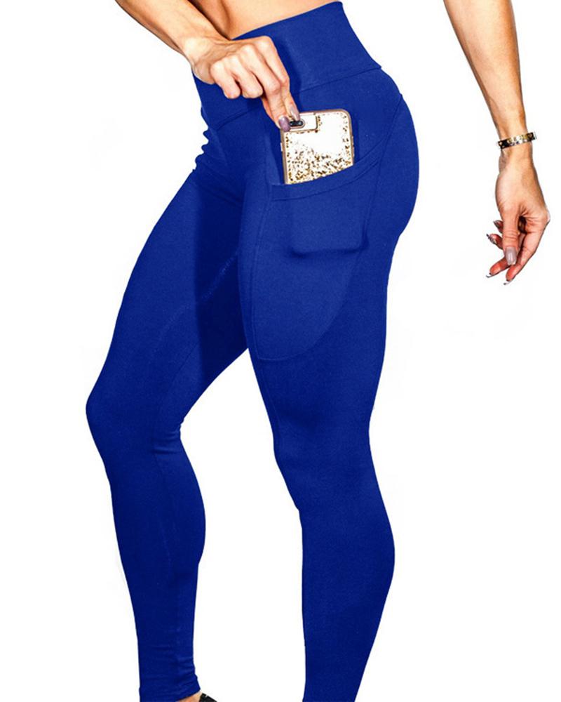 

High Waist Pocket Design Butt Lifting Yoga Pants, Blue