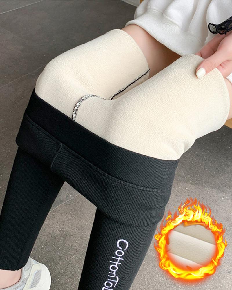 

High Waist Fleece Lined Letter Embroidery Thermal Warm Leggings, Dark grey