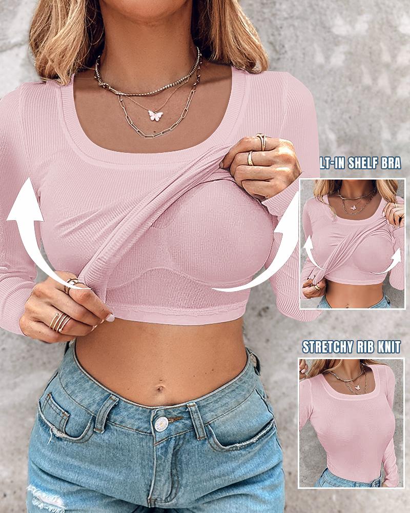 

Top acanalado de manga larga con sujetador incorporado con cuello en U, Pink