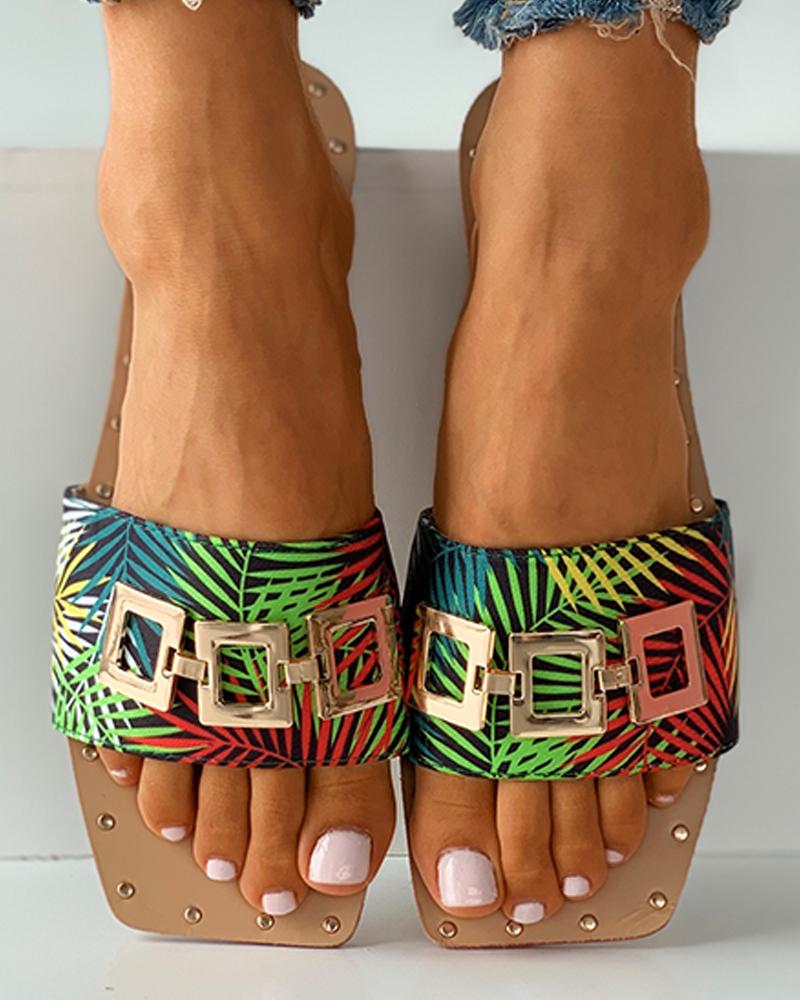 

Square Toe Metal Decor Plain / Cheetah / Tropical Print Slide Sandals, Multicolor