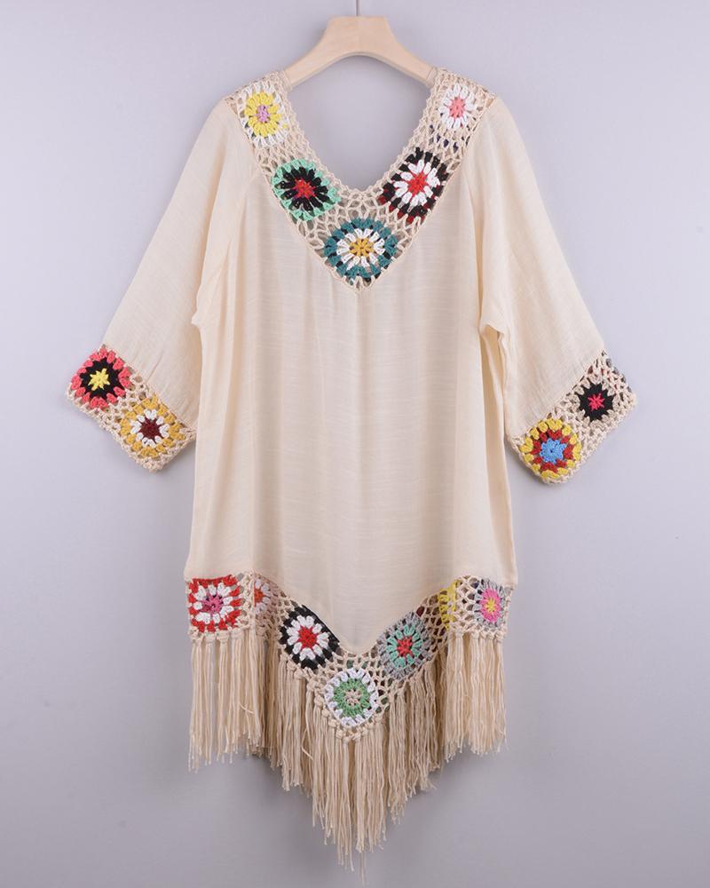 

Floral Pattern Braided Tassel Design Cover Up Dress, Beige