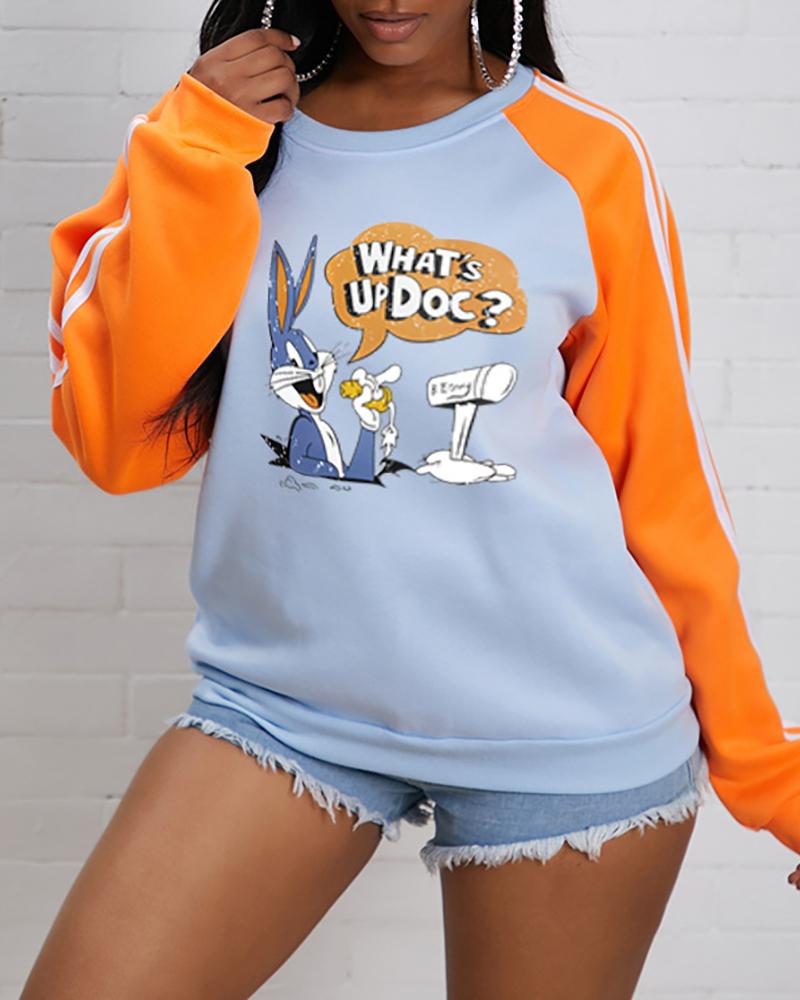 

Cartoon Print Striped Tape Long Sleeve Sweatshirt, Lighted blue