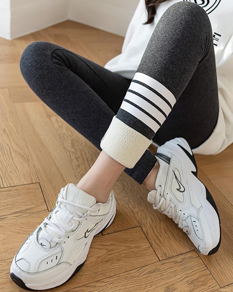 

High Waist Striped Print Fleece Lined Thermal Warm Leggings, Dark grey