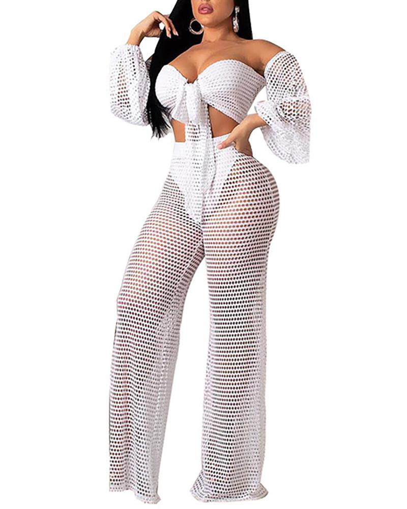 

Crochet Fishnet Tied Detail Top & Wide Leg Pants Set, White