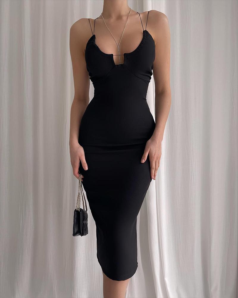 

Spaghetti Strap Plain Bodycon Dress, Black