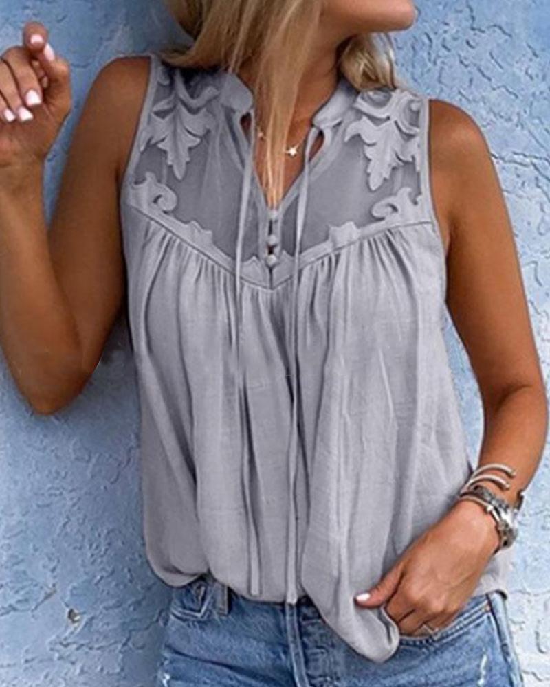 

Solid Color Splicing Mesh Sleeveless Chiffon Shirt, Gray