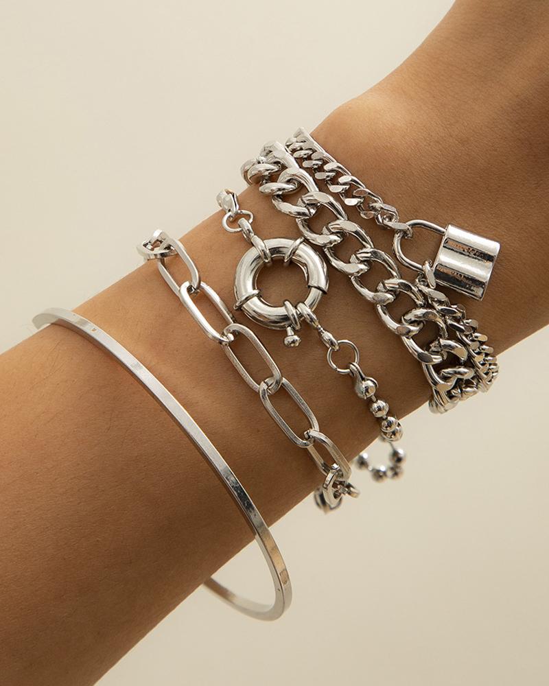 

5pcs Multi-layer Geometric Lock Toggle Chain Bracelets Set, Silver