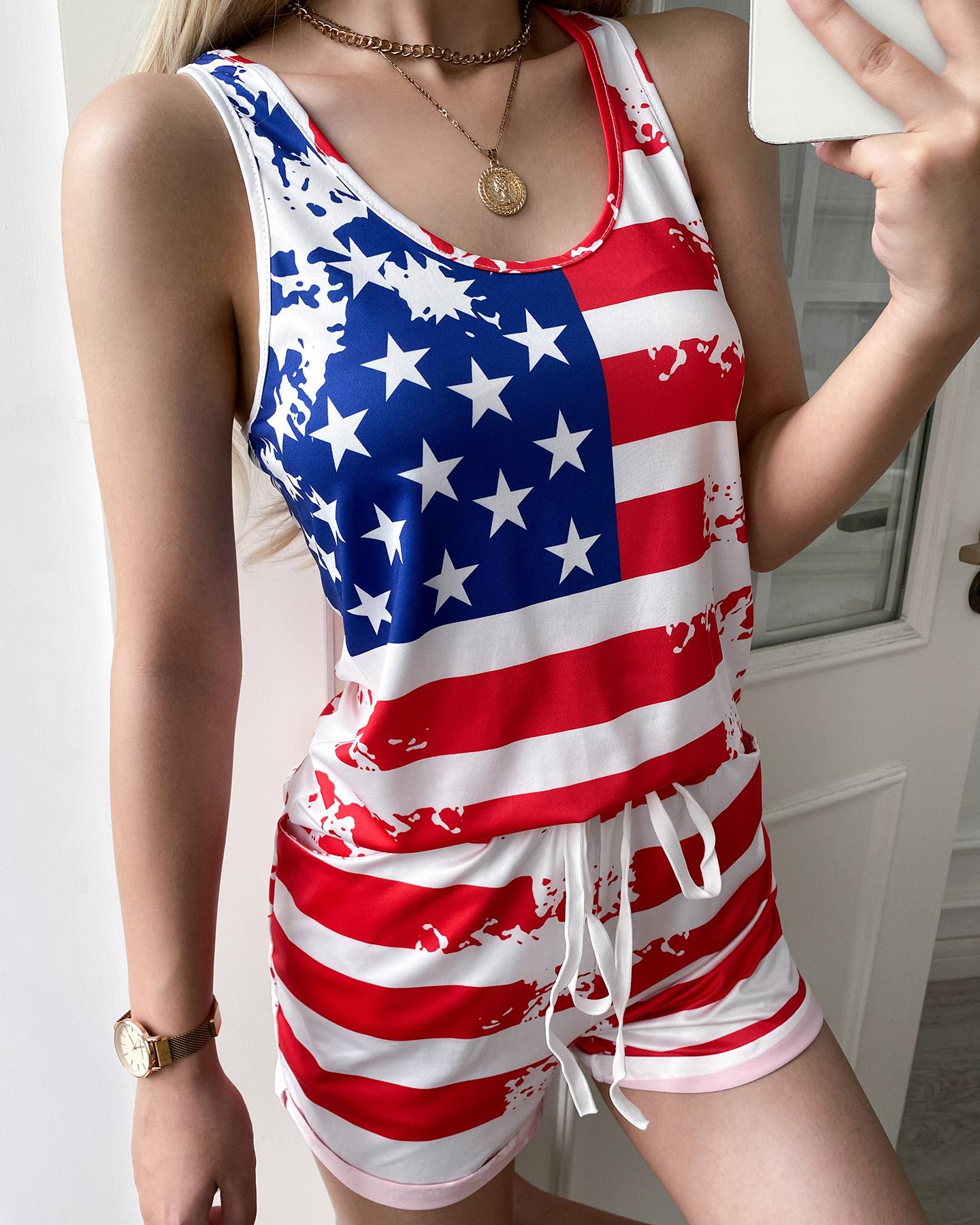 

Star-Spangled Banner Print Tank & Drawstring Waist Shorts Set, Multicolor