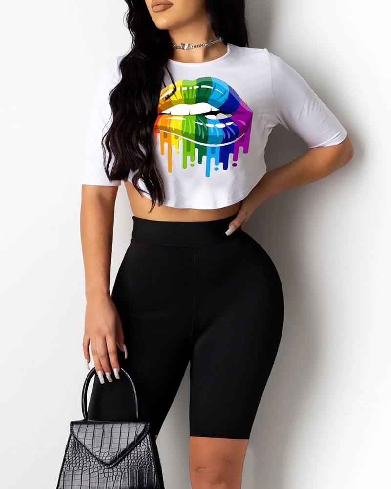 

Multicolor Lip Print Short Sleeve T-shirt With Short Pants Suit Sets, Black