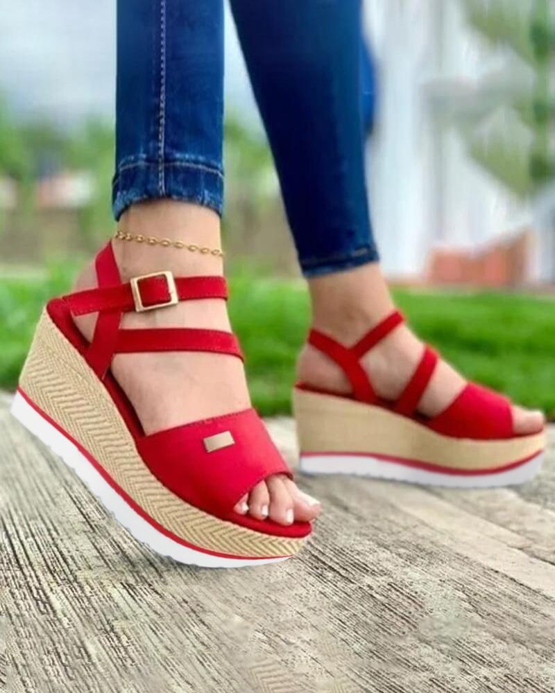 

Ankle Strap Buckled Wedge Muffin Sandals, Red