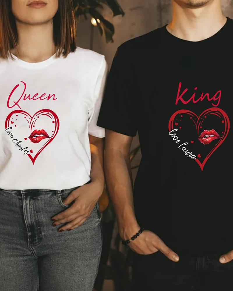 

Valentine's Day Short Sleeve Heart Lip Letter Print T-shirt For Women, White