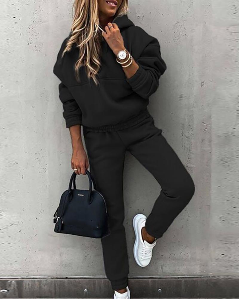 

Long Sleeve Hooded Top & High Waist Pants Set, Black