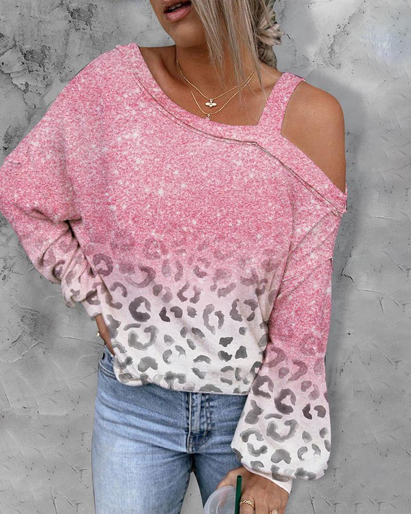 

Leopard Print Ombre Cold Shoulder Sweatshirt, Pink