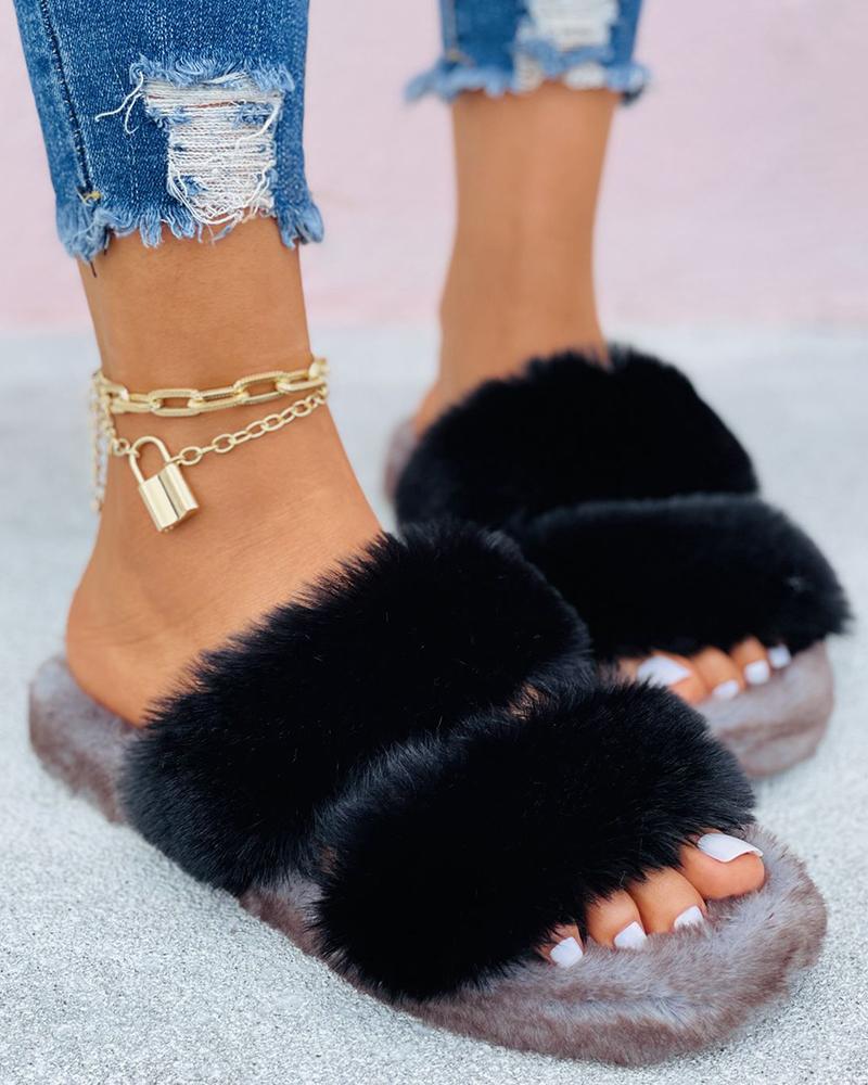 

Double Band Fluffy Peep Toe Slipper, Black