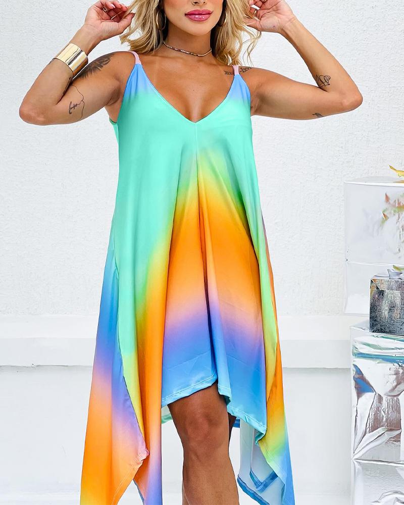 

Rainbow Ombre V-Neck Asymmetrical Hem Dress, Multicolor