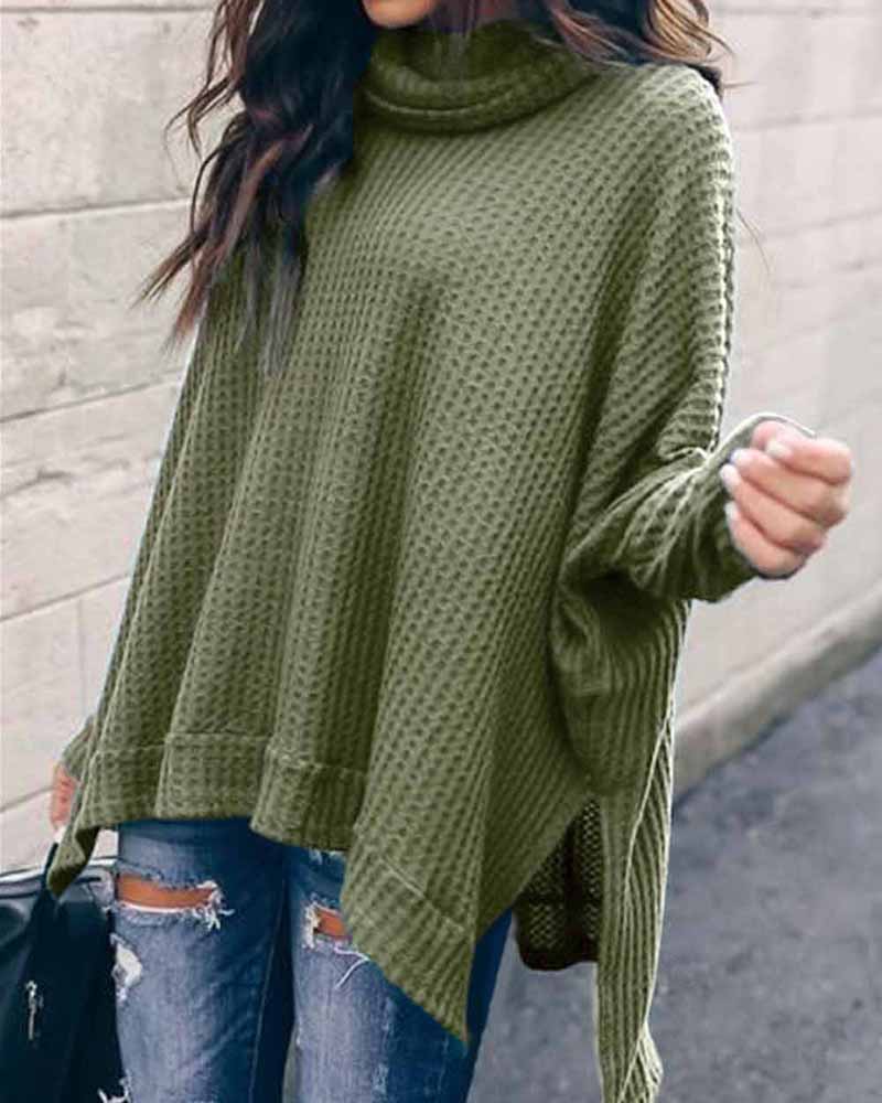 

Waffle Knit Batwing Sleeve Slit Top, Dark green
