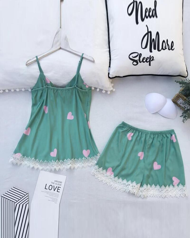 

Satin Heart Print Lace Trim Cami Set, Green