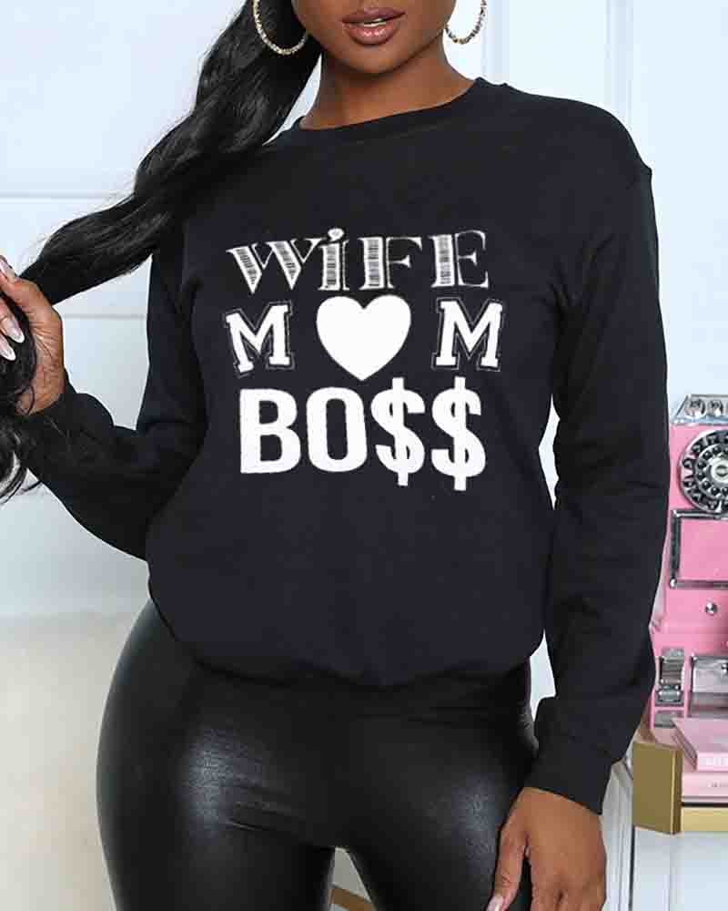 

Mother' Day Heart Letter Print Long Sleeve Sweatshirt, Black