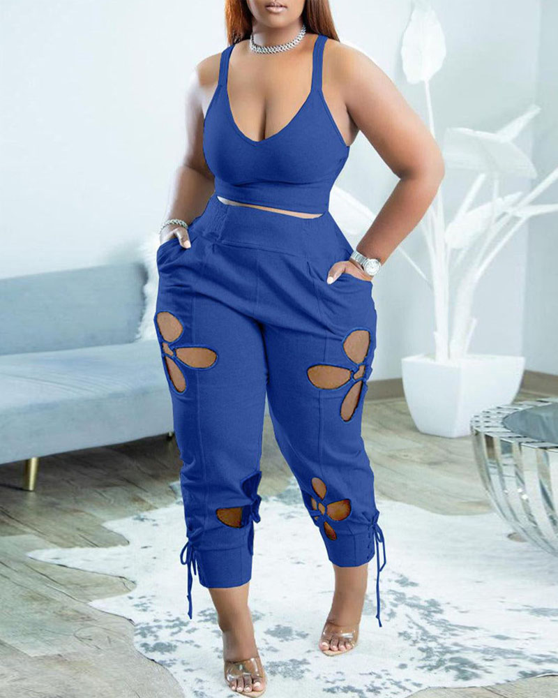 

Crop Tank Top & Cutout Pants Set, Blue