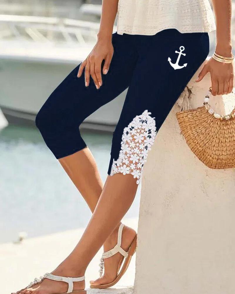 

Anchor Print Contrast Lace Capris Pants, Blue